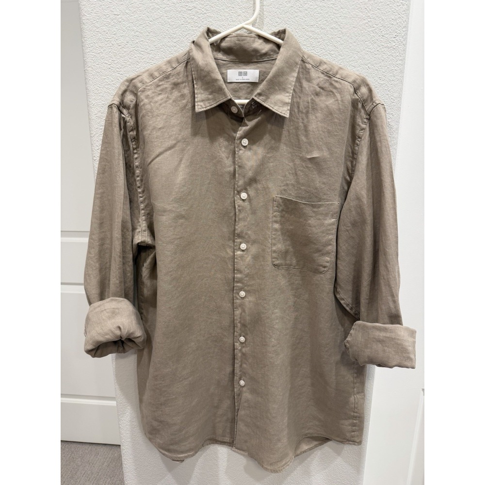 Men's Uniqlo Button-down Beige Premium Linen Shirt Size L Resort Wear L/S